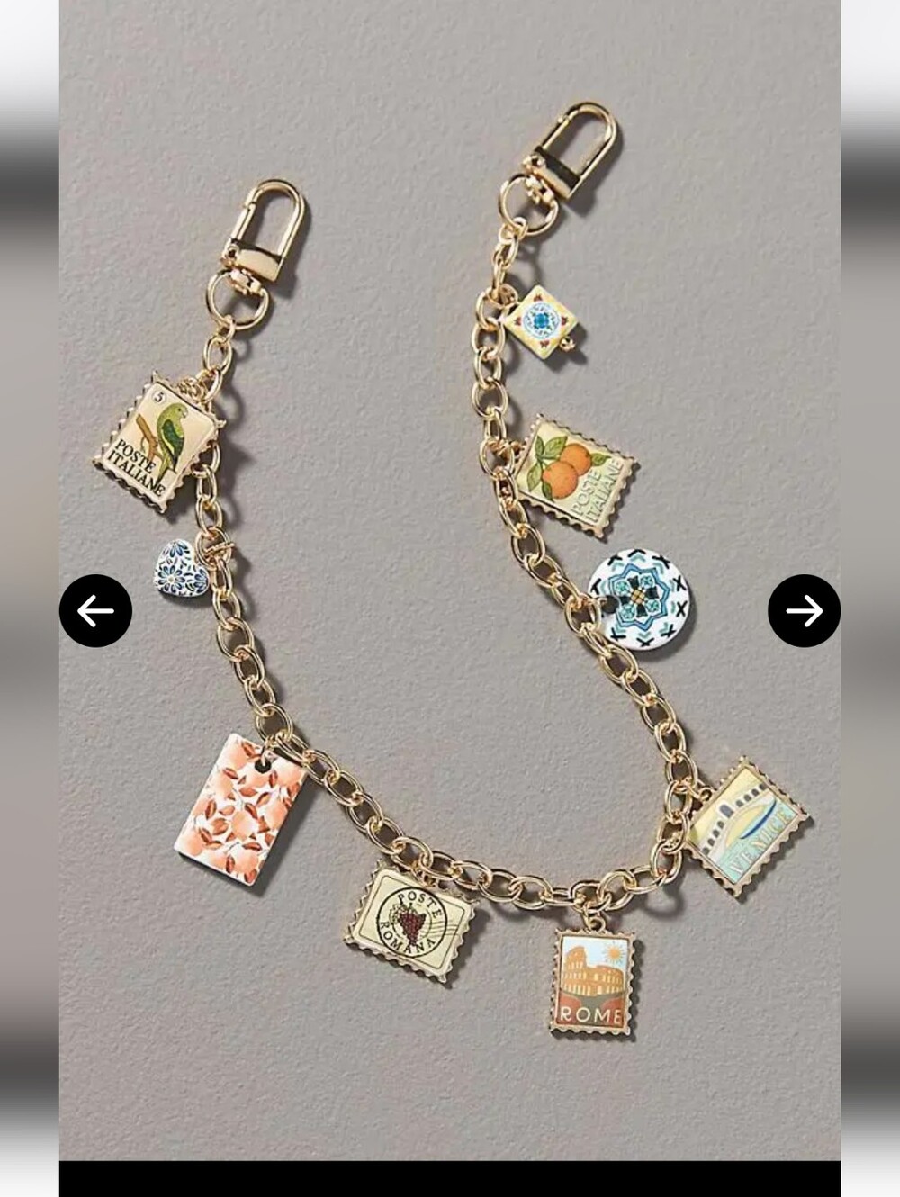 Anthropologie Gold Charm Chain Bag Strap with Multicolor Enamel Postage Charms